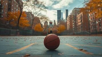ai gerado basquetebol ainda dentro a meio do a esvaziar cidade basquetebol quadra foto