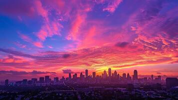 ai gerado dramático pôr do sol sobre a cidade com arranha-céus. foto