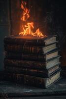 ai gerado Sombrio livros em fogo foto