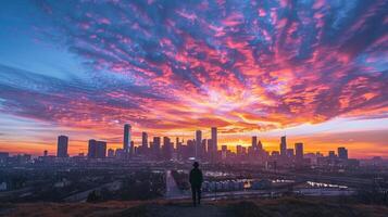 ai gerado homem em topo do uma Colina olhando às uma cidade Horizonte às pôr do sol foto