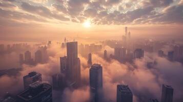 ai gerado aéreo Visão do nebuloso paisagem urbana com arranha-céus às pôr do sol foto