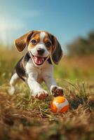 ai gerado alegre beagle cachorro é tendo Diversão jogando com uma bola dentro a Prado foto