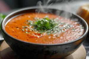 ai gerado fotorrealista imagem do uma copo do quente delicioso tomate sopa foto