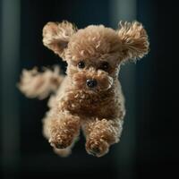 ai gerado poodle cachorro pulando sobre Sombrio fundo foto