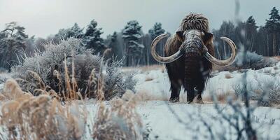ai gerado uma lanoso mamute anda em através a Nevado terras do a gelo era foto