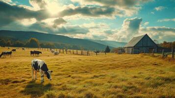 ai gerado Fazenda e vacas, vaca leite, Produção às a Fazenda foto