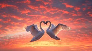 ai gerado dois cisnes fazer uma coração forma às pôr do sol formando uma padronizar do amor foto