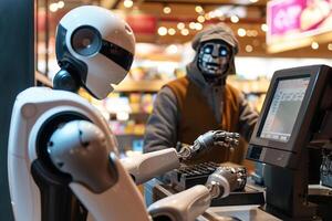 ai gerado robô assistente dentro uma mercearia loja. foto