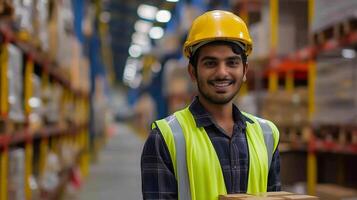 ai gerado retrato do a indiano armazém trabalhador dentro uma armazém distribuição Centro. foto