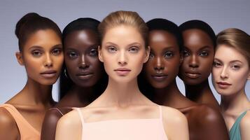 ai gerado retrato do lindo meninas do diferente nacionalidades africano, asiático, europeu modelos foto