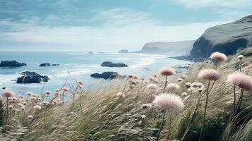 ai gerado fotorrealista marinha com flores em a Beira Mar. magnífico Visualizações do a mar com rochoso montanhas, vários plantas e flores silvestres. foto