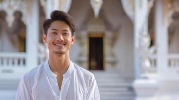 ai gerado retrato do sorridente jovem tailandês homem dentro branco equipamento em famoso têmpora dentro tailândia, sorrir alegremente foto