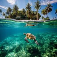 ai gerado fotorrealista representação do uma tropical ilha e mar mundo. Visão a partir de a água foto