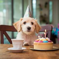 ai gerado feliz aniversário. fotorrealista imagem do uma cachorro a comemorar isto é aniversário foto