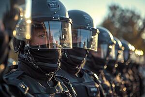 ai gerado uma grupo do polícia oficiais dentro capacetes. garantindo público ordem foto