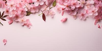 ai gerado plano deitar, Rosa sakura flores em uma Rosa fundo. espaço para texto foto