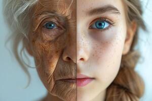 ai gerado a face do uma jovem menina e a idosos mulher com rugas. a conceito do envelhecimento e pele Cuidado foto