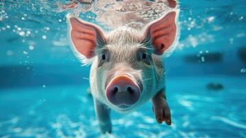 ai gerado Hilário embaixo da agua cena porco dentro piscina tocam profundo mergulho Ação, ai gerado. foto