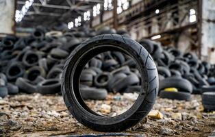 sujo velho pneu é em a terra em pé Próximo para a de outros usava pneus dentro a estragado plantar. borracha lixo a partir de a carro. fechar-se foto