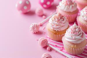 ai gerado Rosa mesa topo em Rosa fundo com decorado pirulitos e bolos de copo, crianças aniversário festa foto