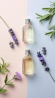 ai gerado elegante plano deitar do corpo óleos e perfume garrafas com lavanda raminhos em uma pastel fundo foto