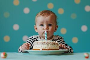 ai gerado curioso bebê Garoto com dele primeiro aniversário bolo. foto