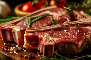 ai gerado uma de madeira corte borda com cru t-bone bifes em topo. foto