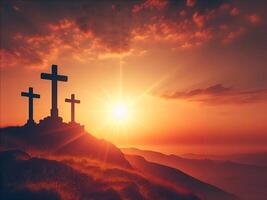 ai gerado três cruzes ficar de pé em Gólgota debaixo uma vermelho céu, cristão fundo foto