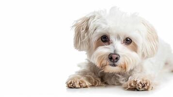 ai gerado maltês cachorro retrato isolado em branco fundo. doméstico cachorro. foto