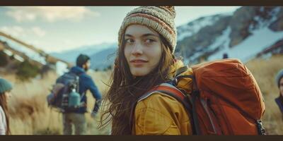 ai gerado fotorrealista imagem. caminhada do jovem pessoas dentro a montanhas. foto