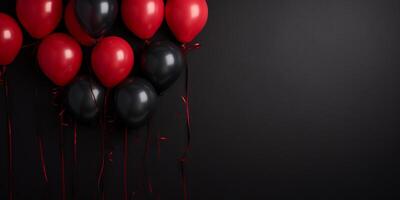 ai gerado fundo para Preto sexta-feira. vermelho e Preto balões em uma Preto fundo. venda foto