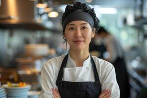 ai gerado retrato do sorridente ásia fêmea chefe de cozinha dentro restaurante cozinha foto