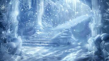 ai gerado congeladas fantasia mundo encantado têmpora em gelado escadas cercado de flocos de neve e gelado cristais foto