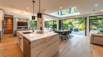 ai gerado elegante aberto conceito cozinha com mármore ilha e natureza Visão dentro moderno Vancouver casa foto