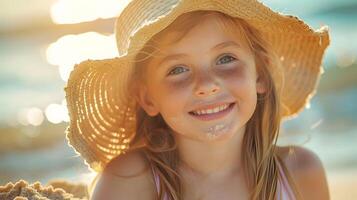 ai gerado menina sorridente dentro solarizado Palha chapéu em praia, para transmitir uma sentido do alegria e felicidade durante uma verão de praia período de férias foto