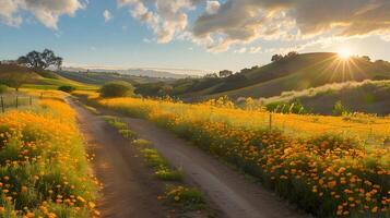 ai gerado sujeira estrada enrolamento através rolando colinas coberto dentro vibrante flores silvestres às dourado hora foto