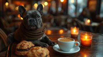 ai gerado francês buldogue com uma copo do café e biscoitos dentro uma cafeteria foto