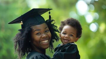 ai gerado feliz africano americano mãe e filha dentro graduação vestidos olhando às Câmera. mãe dia foto