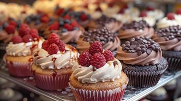 ai gerado sortimento do delicioso bolos de copo com creme e framboesas em de madeira mesa foto