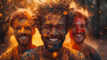 ai gerado retrato do uma grupo do amigos a comemorar holi festival dentro Índia foto