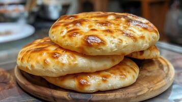 ai gerado fechar acima do recentemente cozido khachapuri dentro uma restaurante. foto