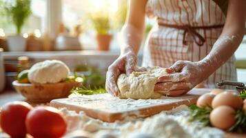 ai gerado mulher amassar massa dentro a cozinha. fechar-se do fêmea mãos. foto