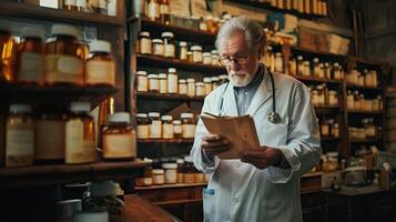 ai gerado retrato do Senior masculino farmacêutico lendo livro enquanto em pé dentro farmacia foto