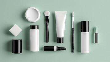 ai gerado conjunto do Cosmético produtos folhas em verde fundo foto