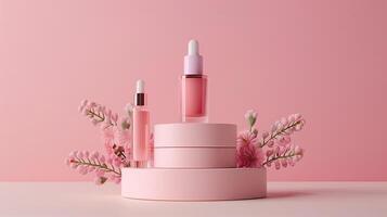 ai gerado cosméticos em pódio com Rosa flores 3d render ilustração. foto