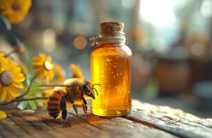 ai gerado garrafa do querida é colocada em de madeira mesa com abelha próximo. foto