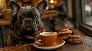 ai gerado francês buldogue com uma copo do café e biscoitos dentro uma cafeteria foto