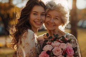 ai gerado sorridente mãe e filha com ramalhete do flores olhando às Câmera foto