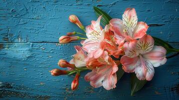 ai gerado alstroemeria flores em uma azul de madeira fundo, topo Visão foto