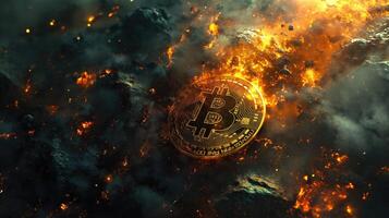 ai gerado bitcoin dentro a fogo. criptomoeda conceito. 3d ilustração foto